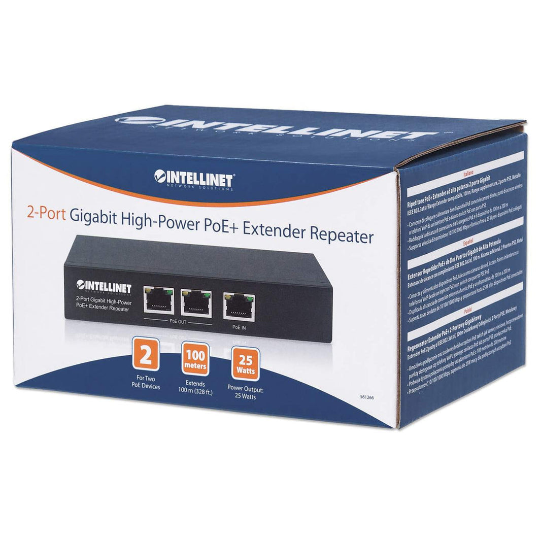 Intellinet 2-Port Gigabit High-Power PoE+ Extender Repeater, IEEE 802.3at/af Power over Ethernet (PoE+/PoE), metal