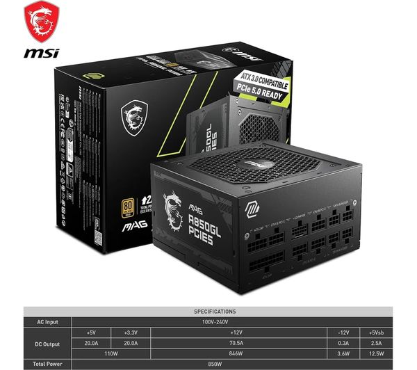 MSI 850W GOLD F/MODULAR MAG A850GL PCIE5